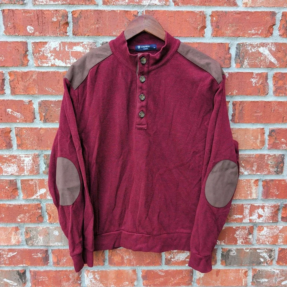 Cremieux Pullover Sweater Mens Large Burgundy Elbow Patch Quarter Button
